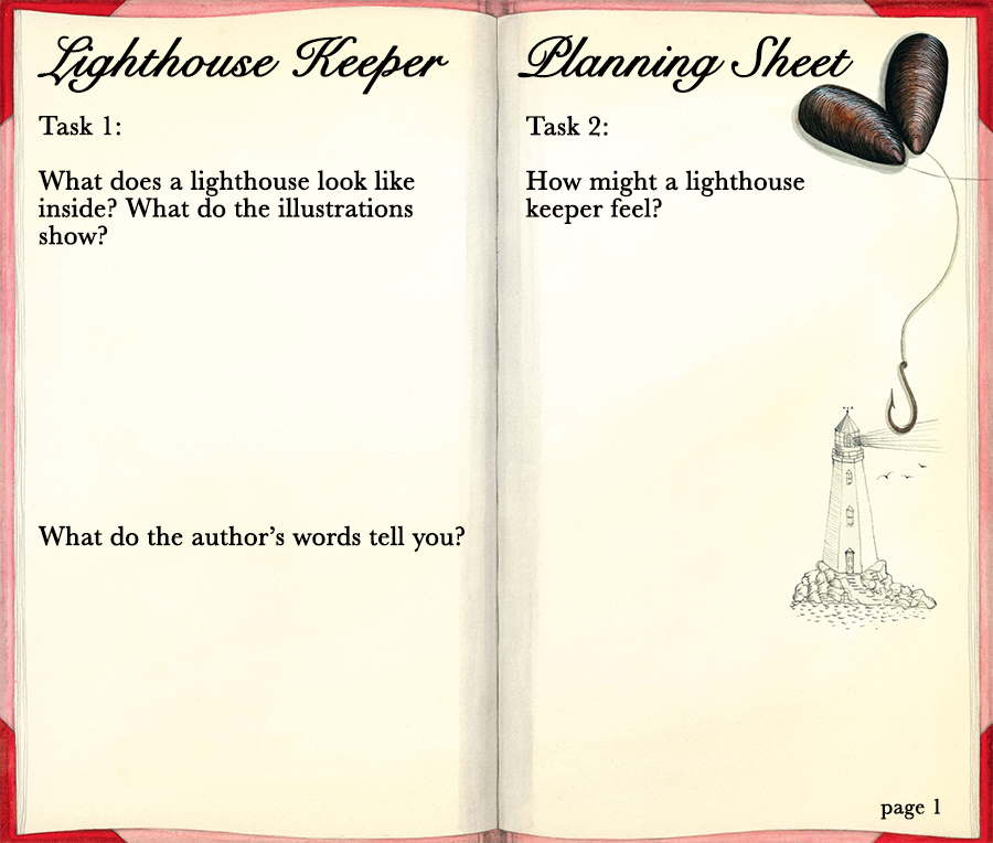 Lighthouse Keeper Planning Sheet. Task 1, What does a lighthouse look like inside? What do the illustrations show? What do the author's words tell you? Task 2, How might a lighthouse keeper feel?